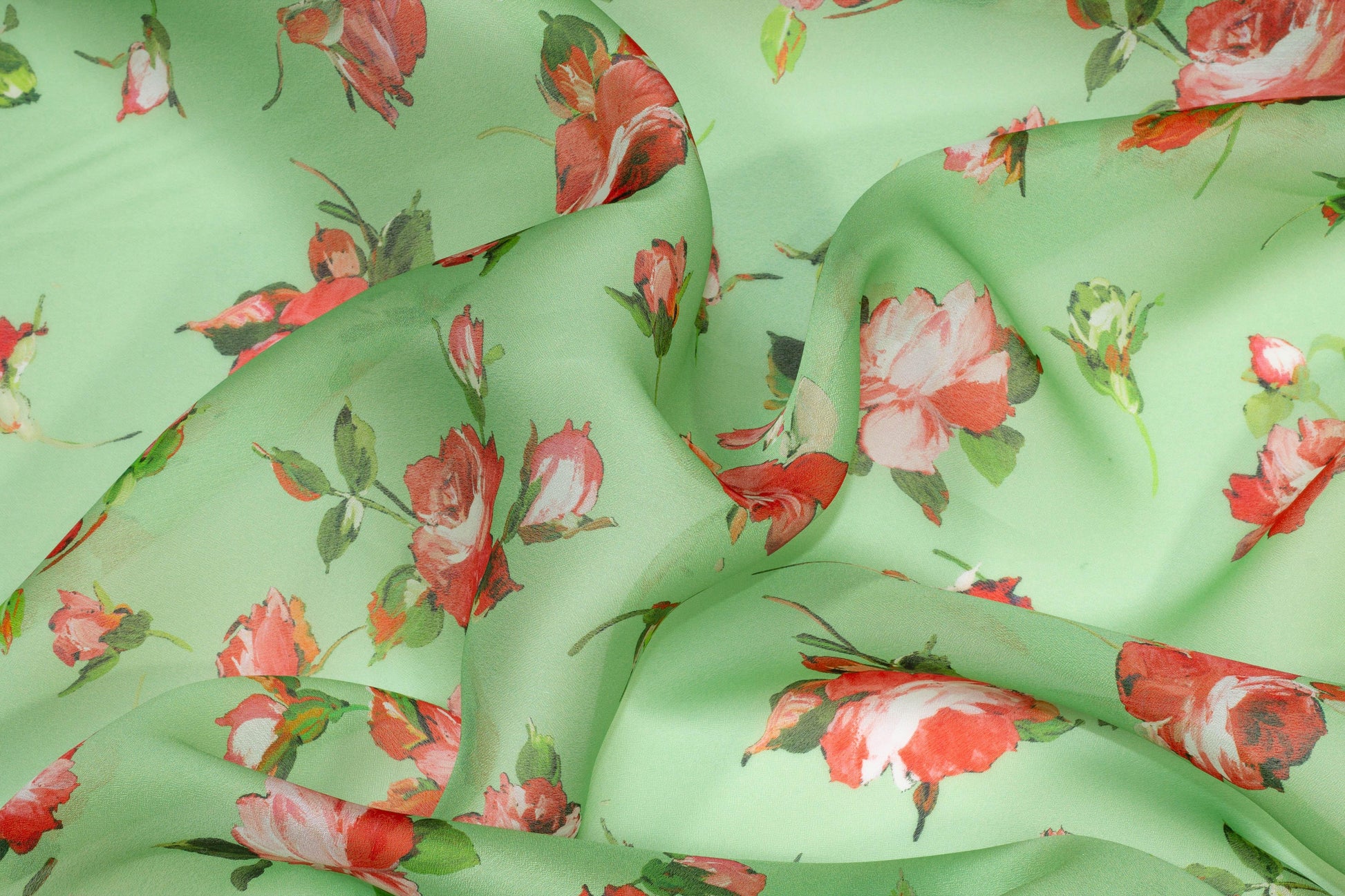 Green and Red Floral Silk Organza - Prime Fabrics