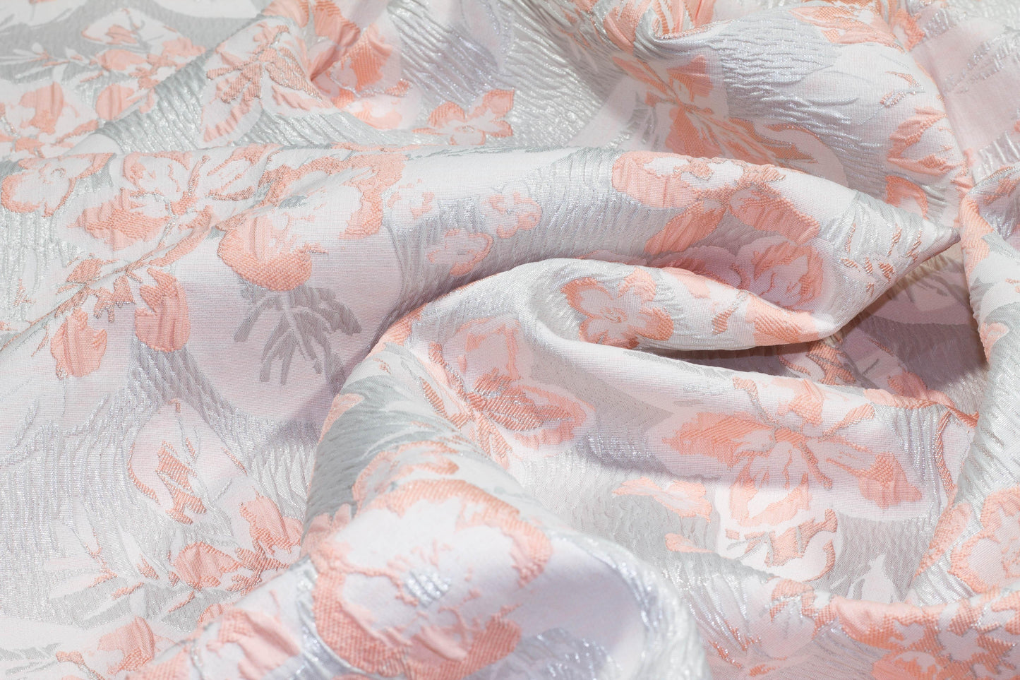 Floral Metallic Crushed Brocade - Silver and Pink - Prime Fabrics
