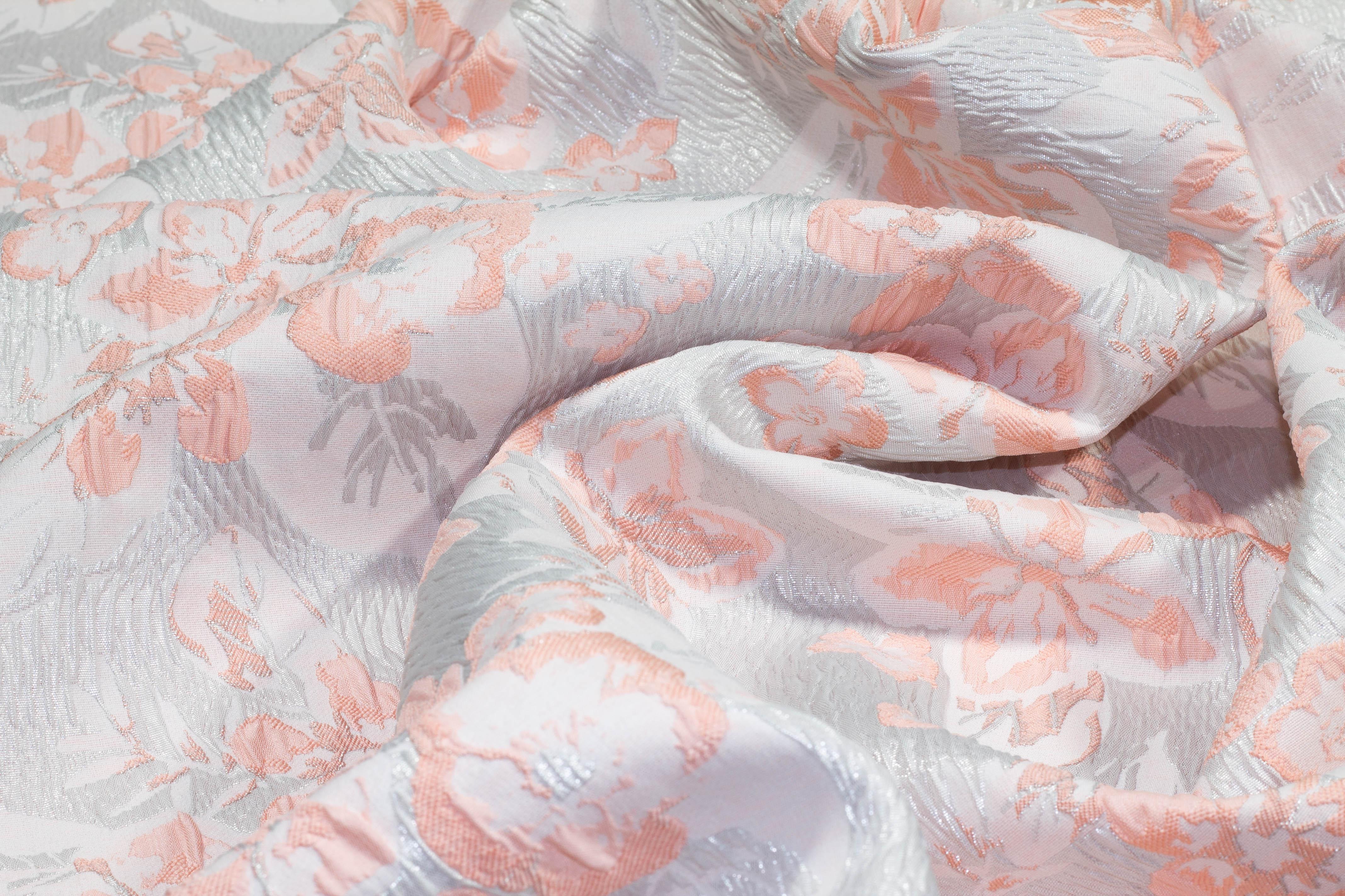 Floral Metallic Crushed Brocade - Silver and Pink - Prime Fabrics
