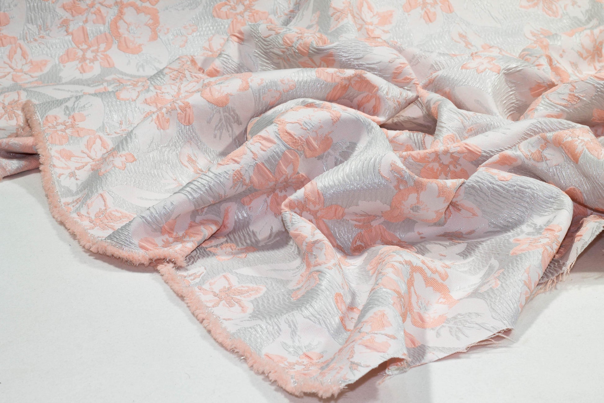 Floral Metallic Crushed Brocade - Silver and Pink - Prime Fabrics