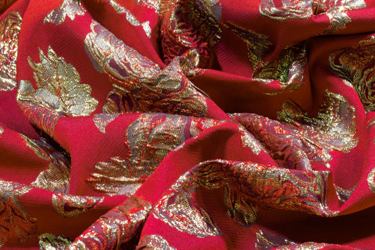 Red and Gold Floral Metallic Crushed Brocade - Prime Fabrics