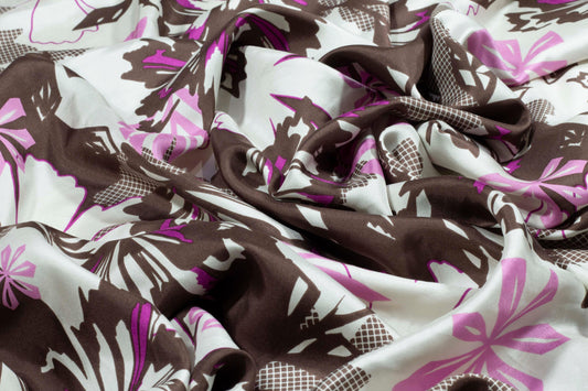 Floral Silk Charmeuse - Brown, Pink, White - Prime Fabrics