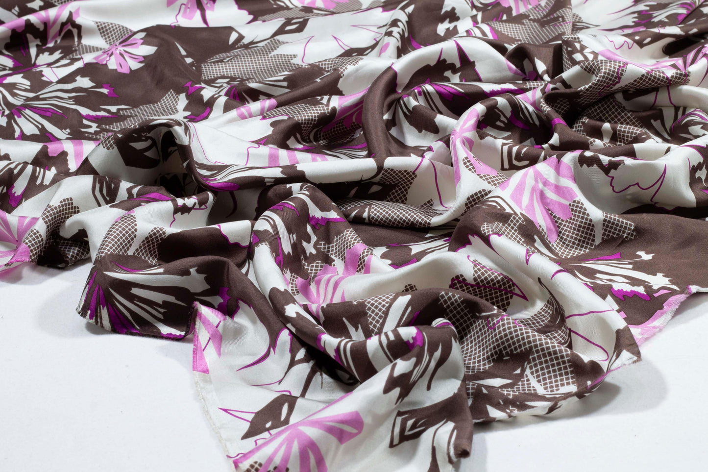 Floral Silk Charmeuse - Brown, Pink, White - Prime Fabrics