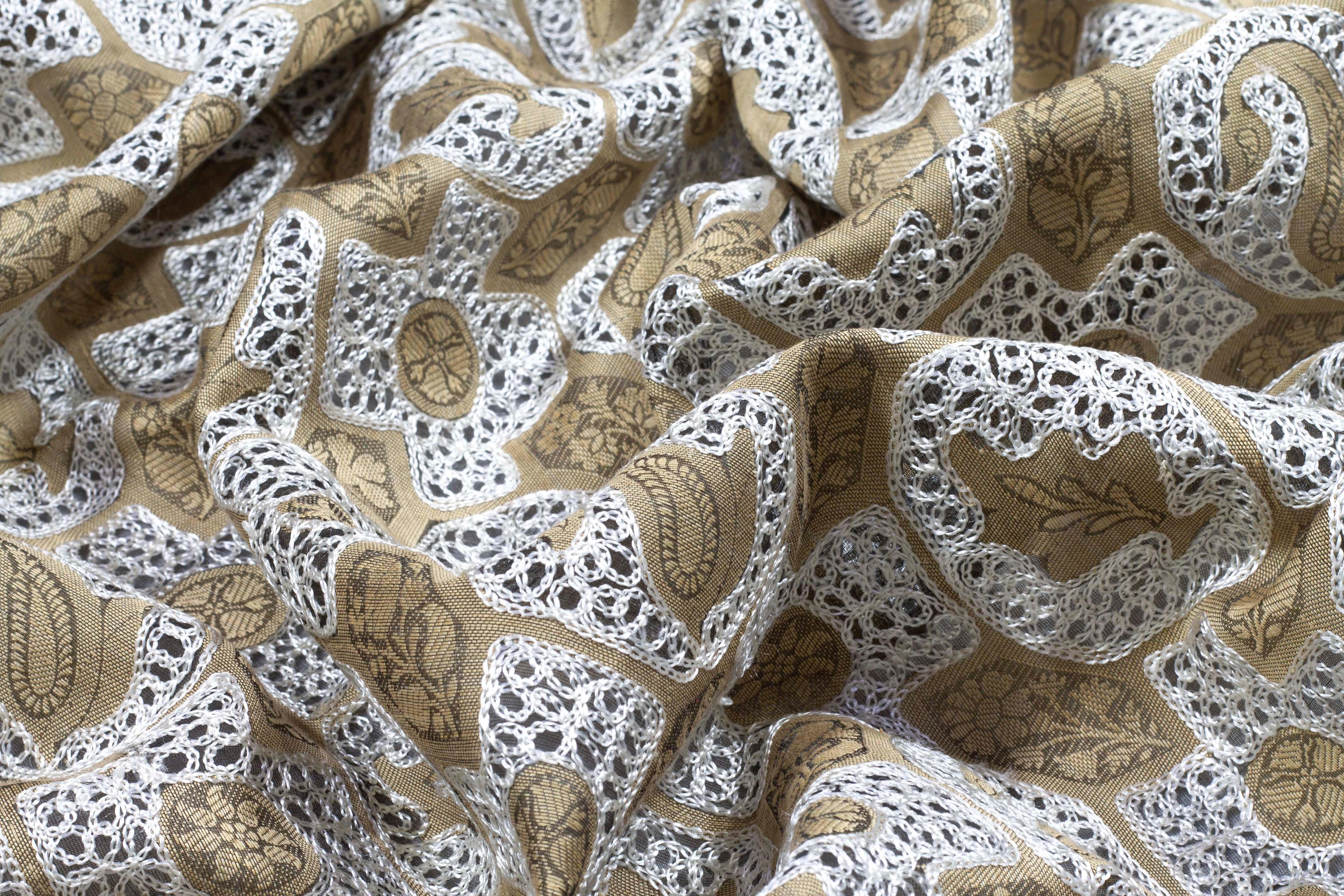 Khaki and White Floral Paisley Silk - Prime Fabrics