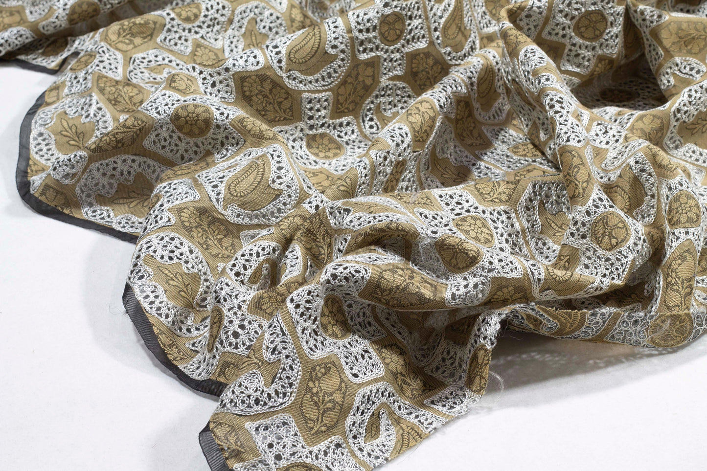 Khaki and White Floral Paisley Silk - Prime Fabrics