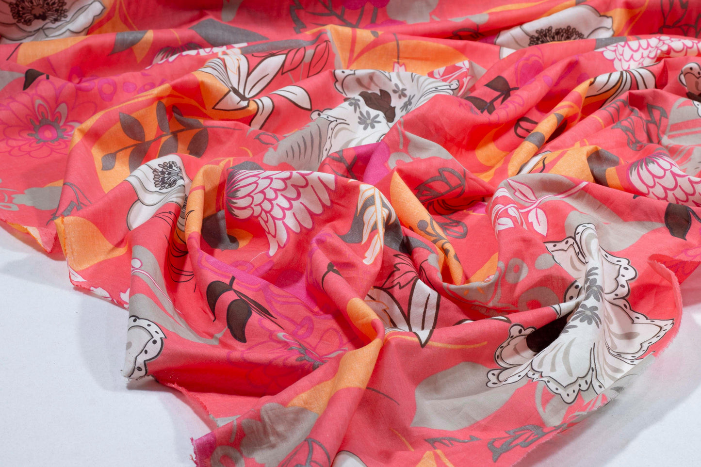 Floral Cotton Voile - Pink, Orange, White, Brown - Prime Fabrics