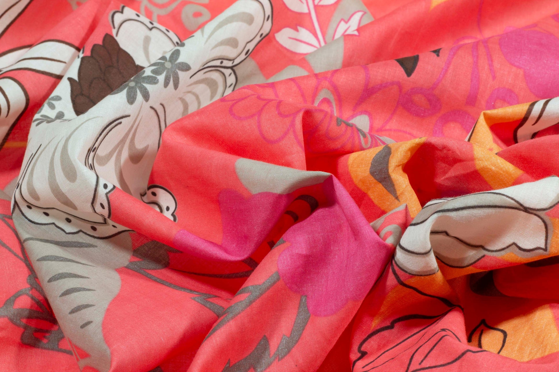 Floral Cotton Voile - Pink, Orange, White, Brown - Prime Fabrics