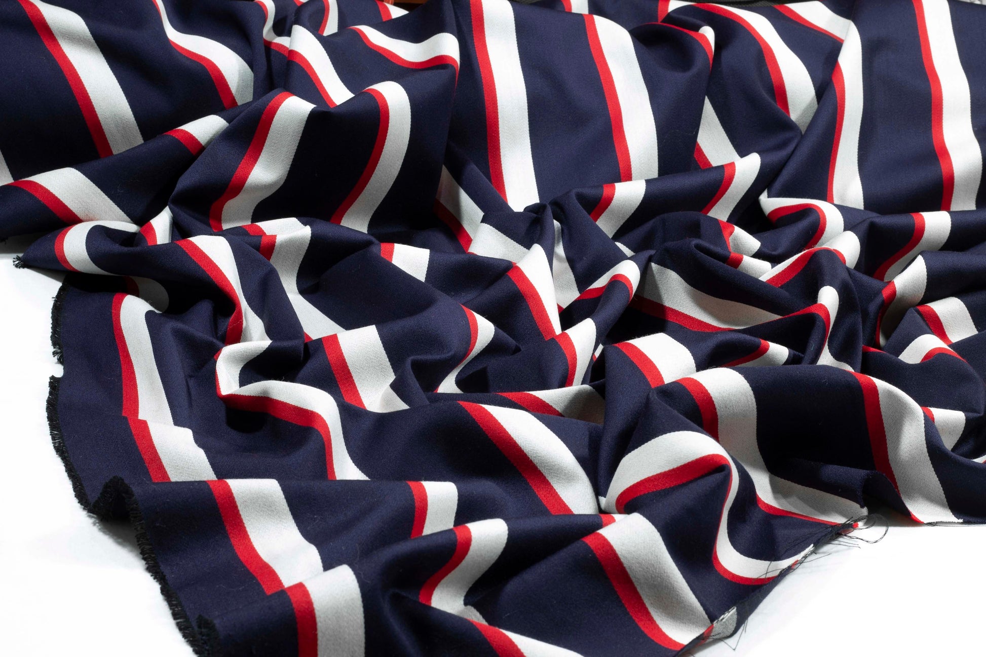 Navy, Red, and White Striped Italian Wool Suiting - Prime Fabrics