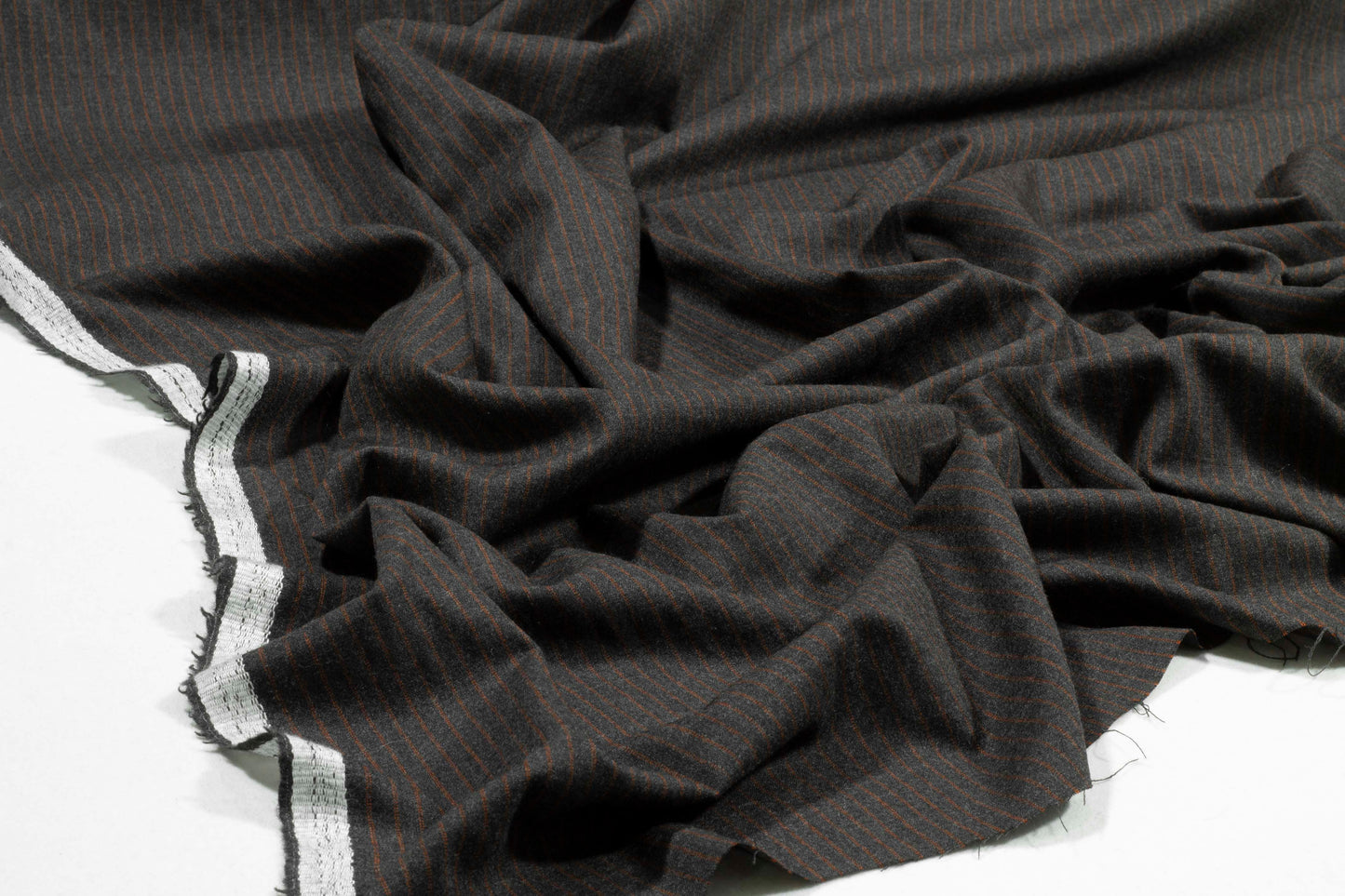 Pin Striped Italian Wool Suiting - Charcoal Gray and Burned Orange - Prime Fabrics