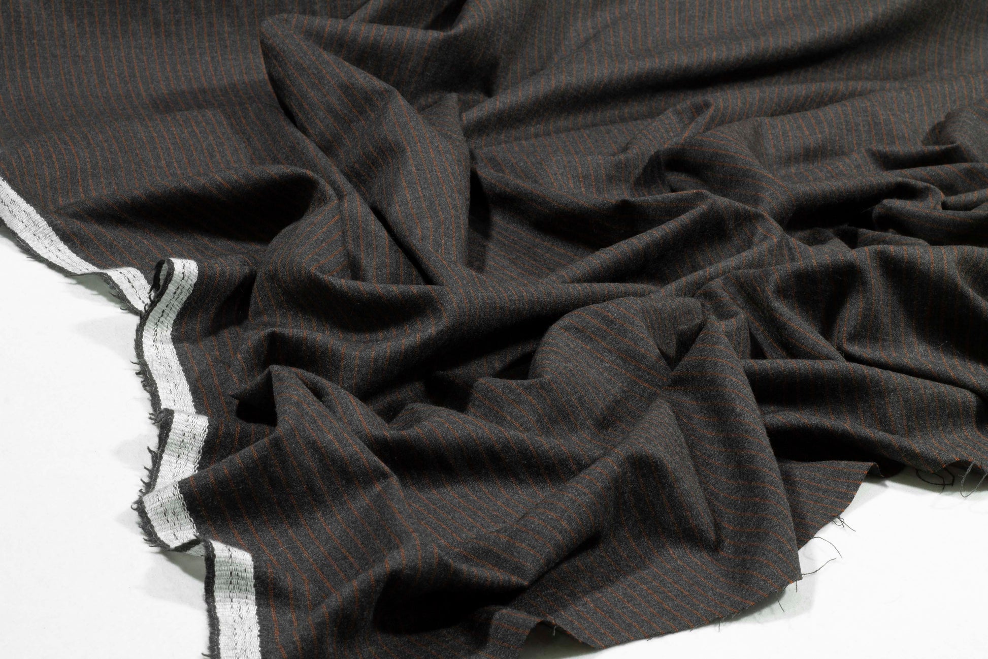 Pin Striped Italian Wool Suiting - Charcoal Gray and Burned Orange - Prime Fabrics