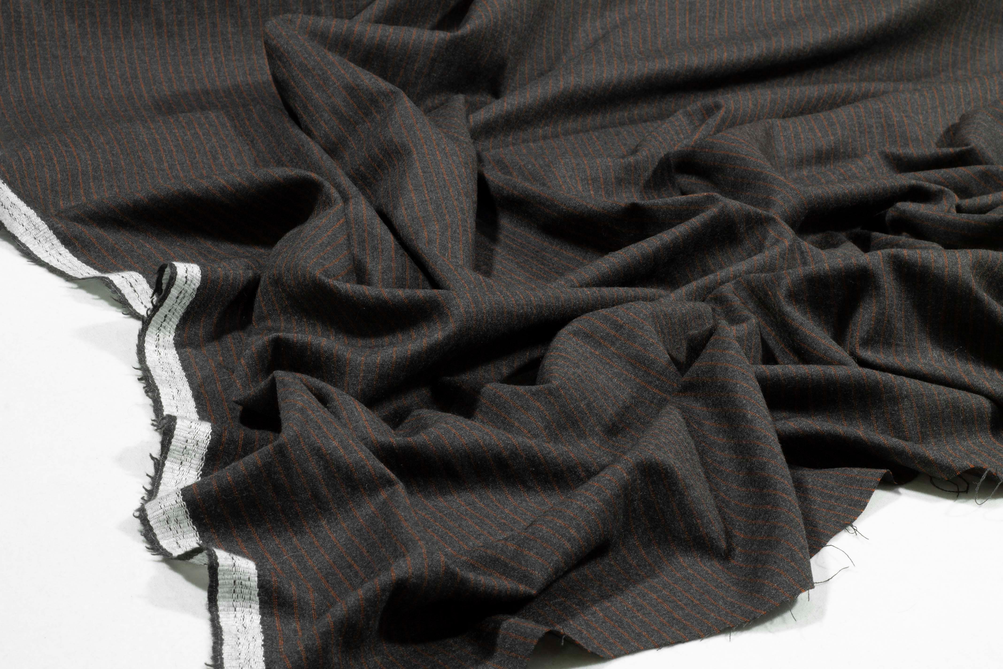 Pin Striped Italian Wool Suiting - Charcoal Gray and Burned Orange - Prime Fabrics