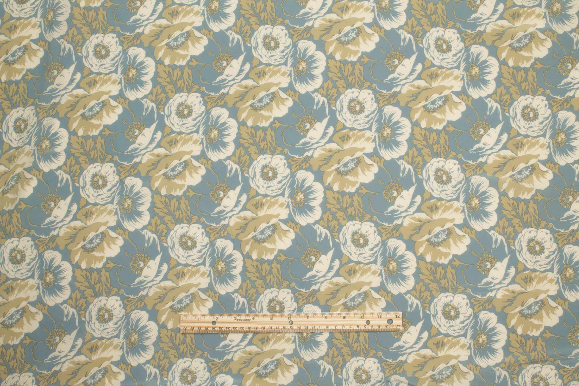 Khaki Green and Blue Floral Silk Crepe De Chine - Prime Fabrics