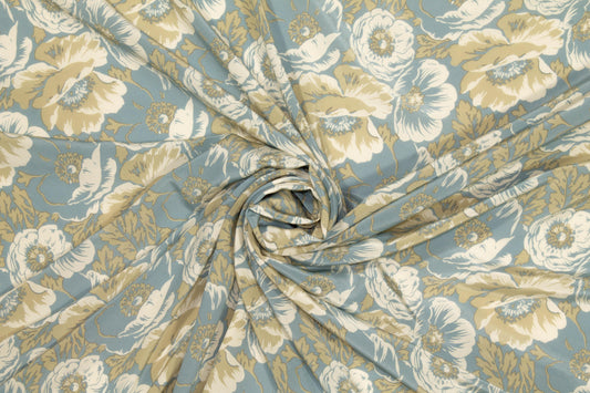 Khaki Green and Blue Floral Silk Crepe De Chine - Prime Fabrics