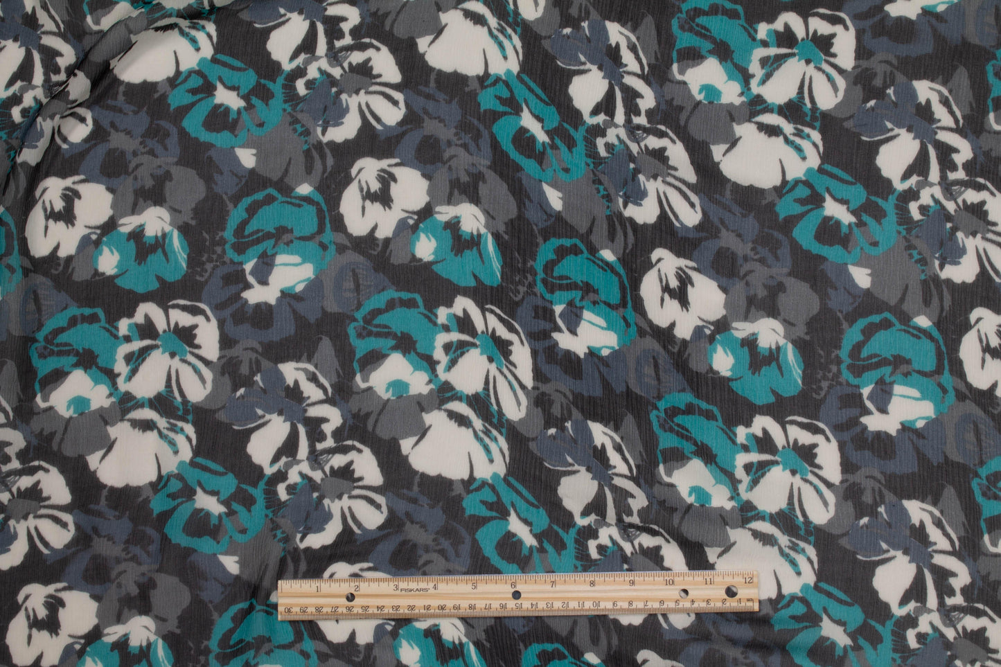 Floral Crushed Silk Chiffon - Teal, Gray, White - Prime Fabrics