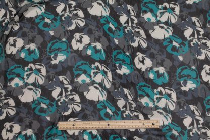 Floral Crushed Silk Chiffon - Teal, Gray, White - Prime Fabrics