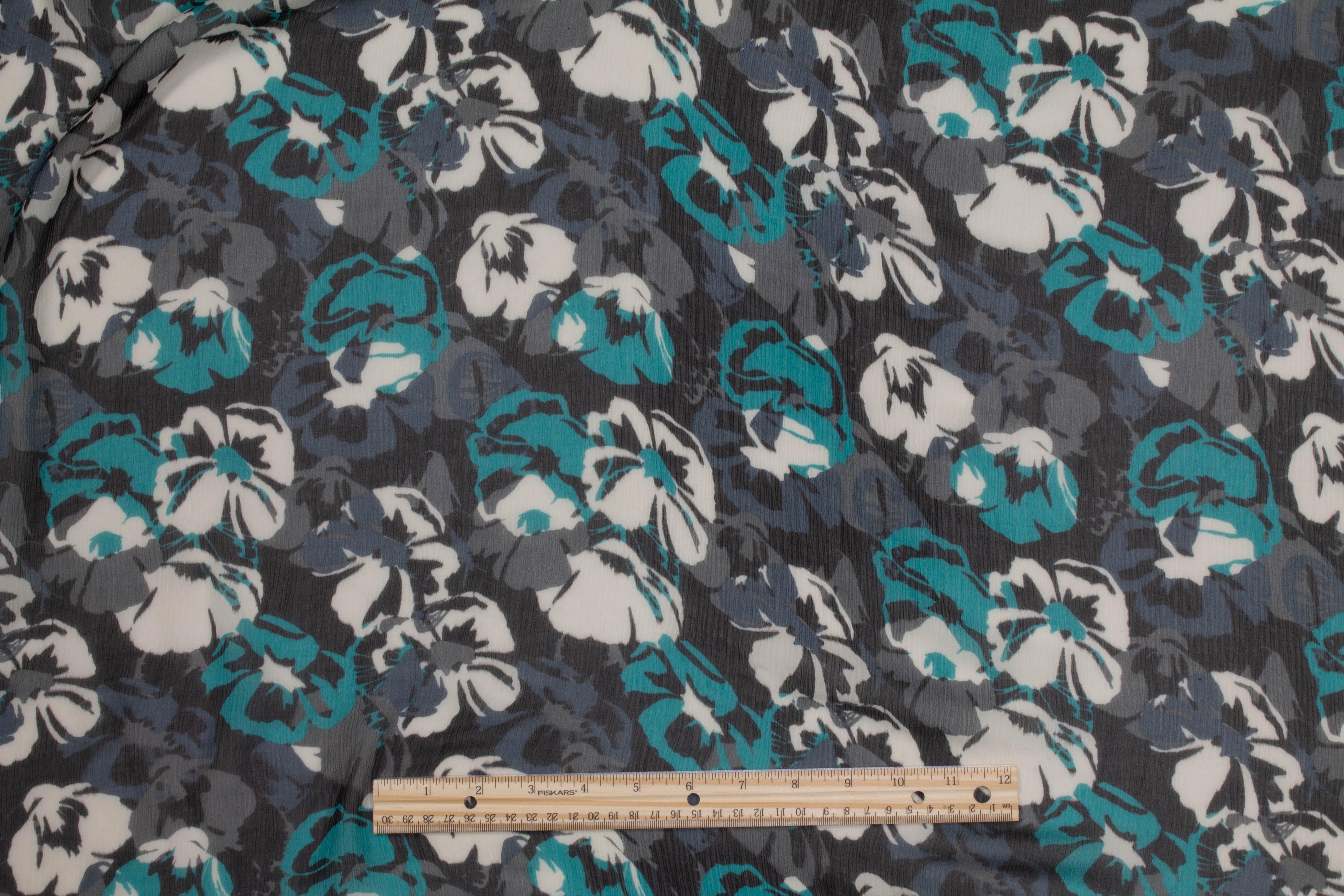 Floral Crushed Silk Chiffon - Teal, Gray, White - Prime Fabrics