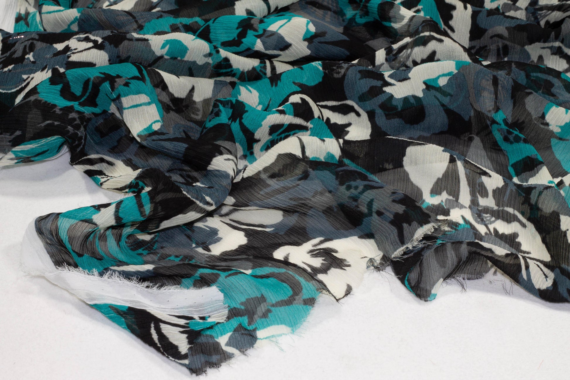 Floral Crushed Silk Chiffon - Teal, Gray, White - Prime Fabrics