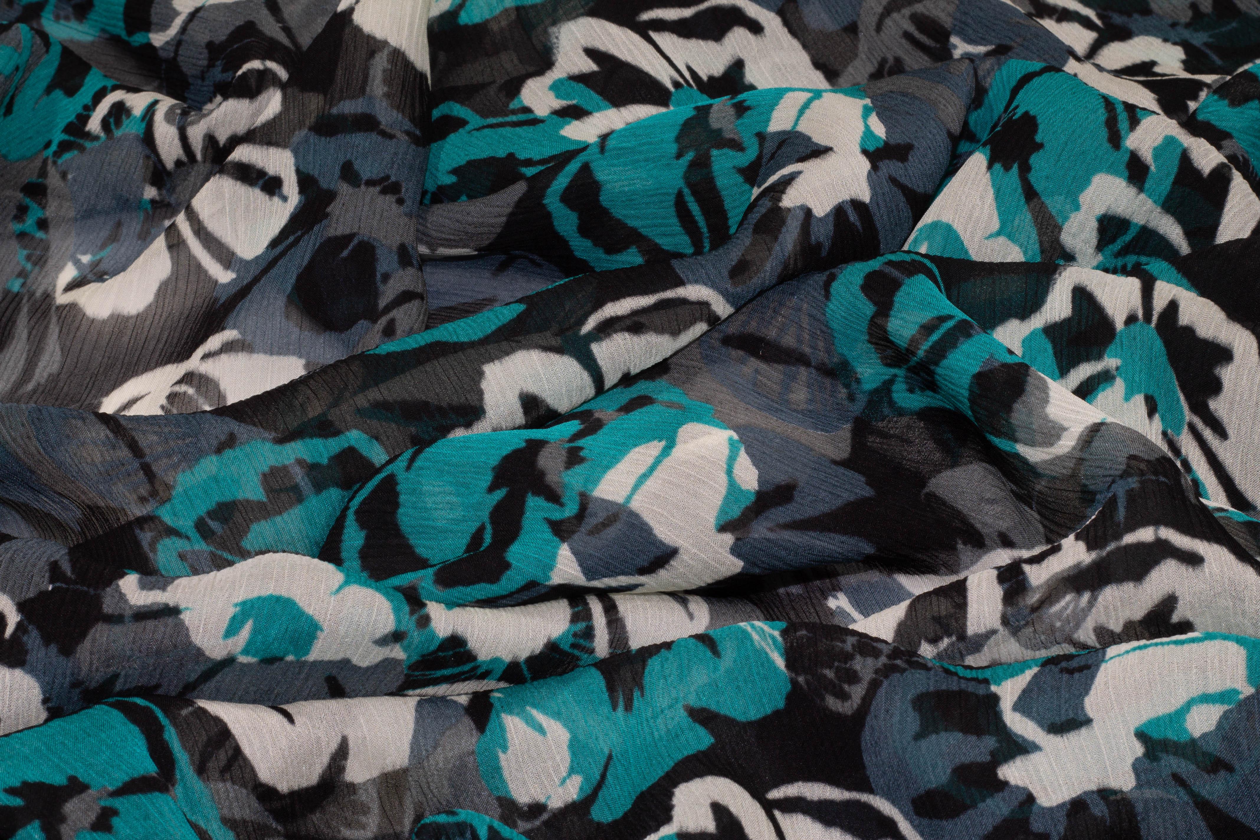 Floral Crushed Silk Chiffon - Teal, Gray, White - Prime Fabrics