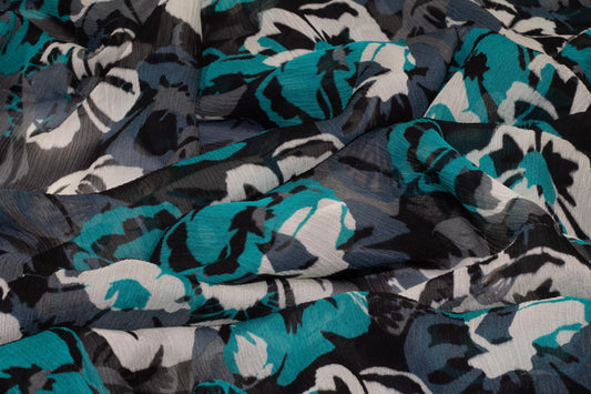 Floral Crushed Silk Chiffon - Teal, Gray, White - Prime Fabrics