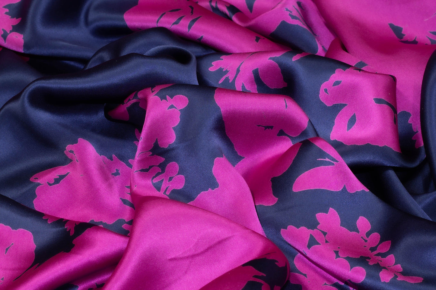 Navy and Magenta Floral Silk Charmeuse - Prime Fabrics