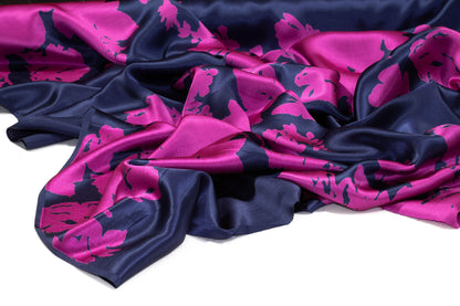 Navy and Magenta Floral Silk Charmeuse - Prime Fabrics