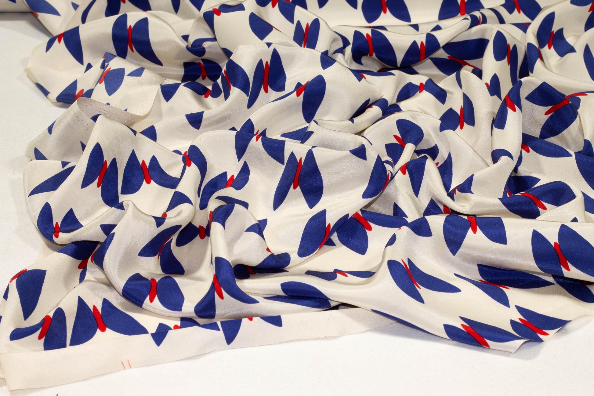 Butterfly Silk Crepe De Chine - Blue, Red, Off White - Prime Fabrics