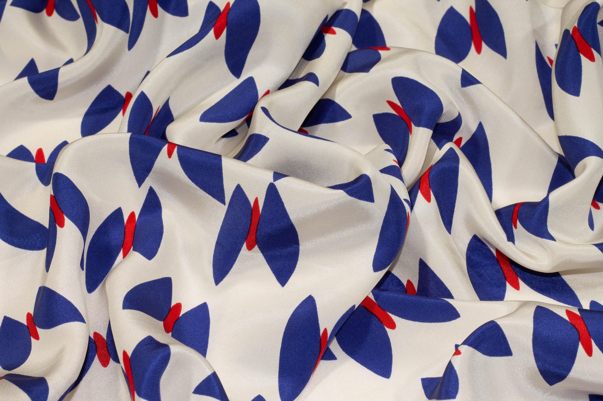 Butterfly Silk Crepe De Chine - Blue, Red, Off White - Prime Fabrics