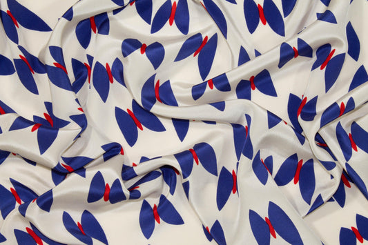 Butterfly Silk Crepe De Chine - Blue, Red, Off White - Prime Fabrics