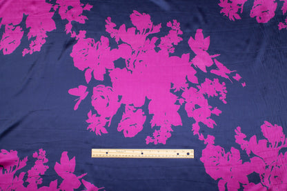 Navy and Magenta Floral Silk Charmeuse - Prime Fabrics