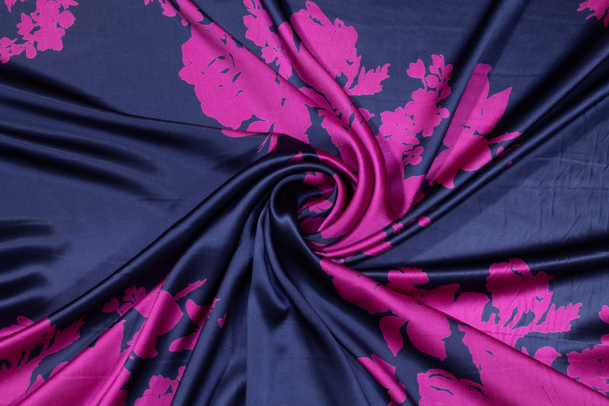 Navy and Magenta Floral Silk Charmeuse - Prime Fabrics