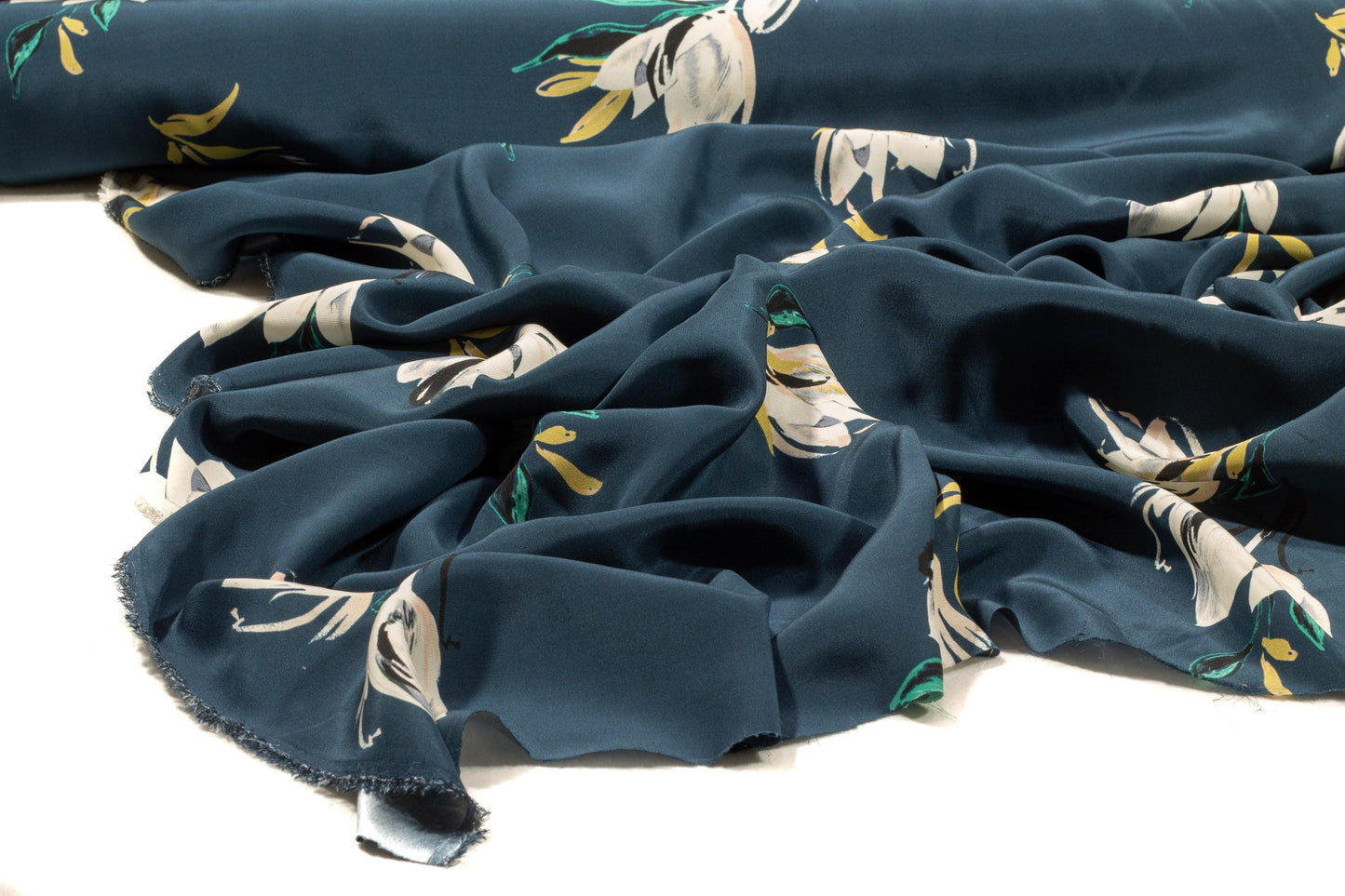 Dark Teal Blue Floral Silk Charmeuse - Prime Fabrics