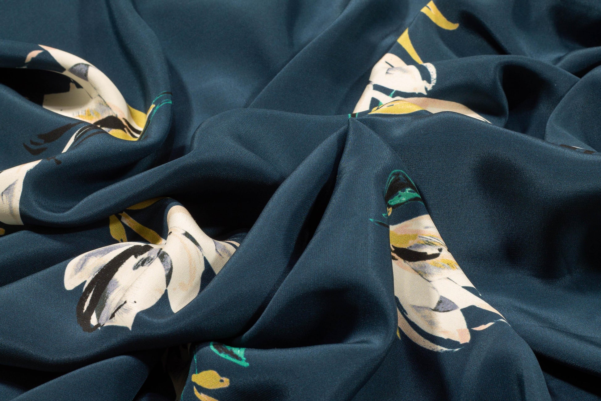 Dark Teal Blue Floral Silk Charmeuse - Prime Fabrics