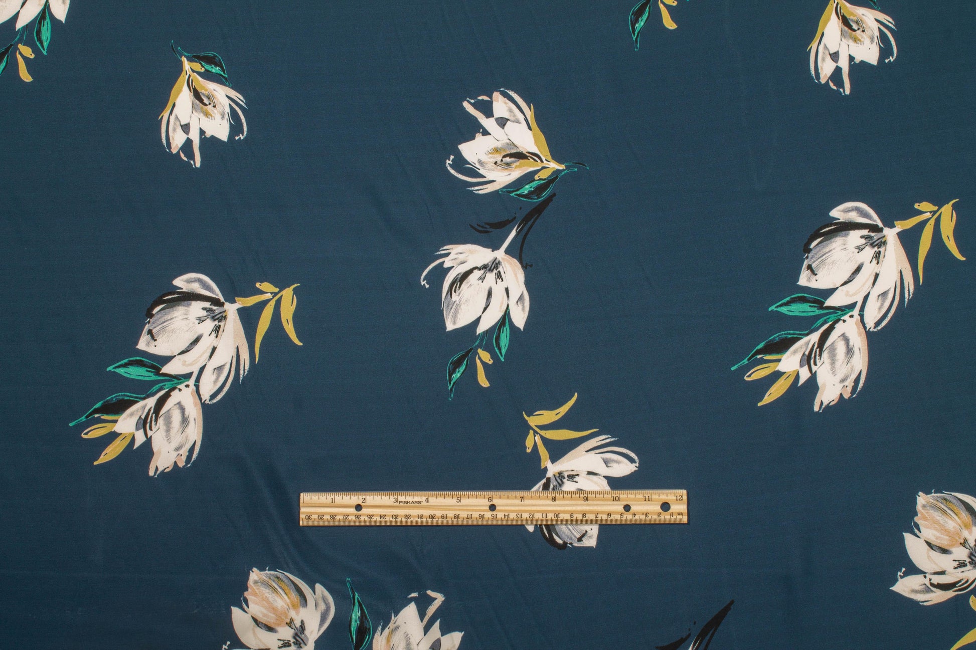 Dark Teal Blue Floral Silk Charmeuse - Prime Fabrics