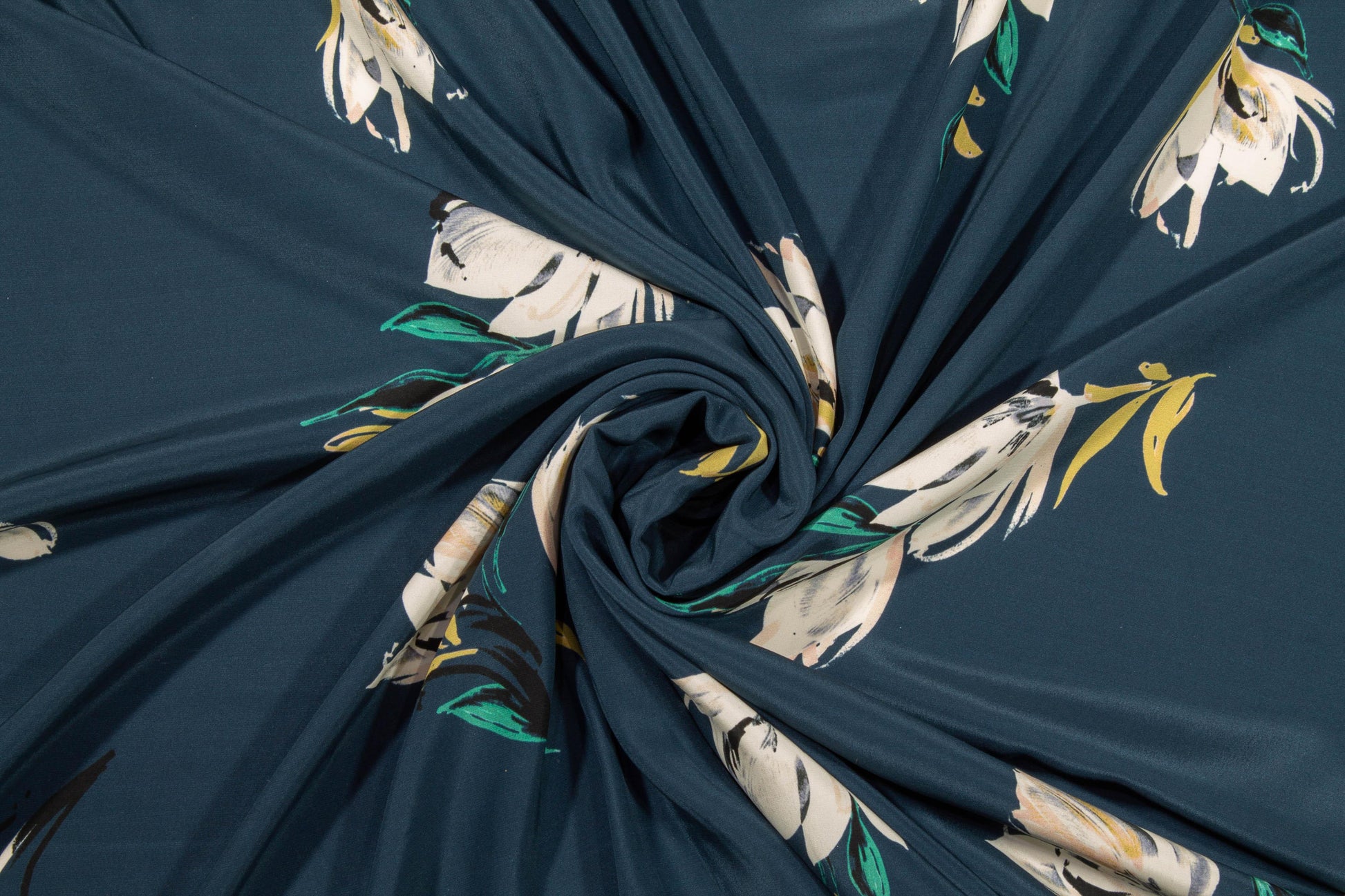 Dark Teal Blue Floral Silk Charmeuse - Prime Fabrics