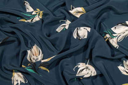 Dark Teal Blue Floral Silk Charmeuse - Prime Fabrics