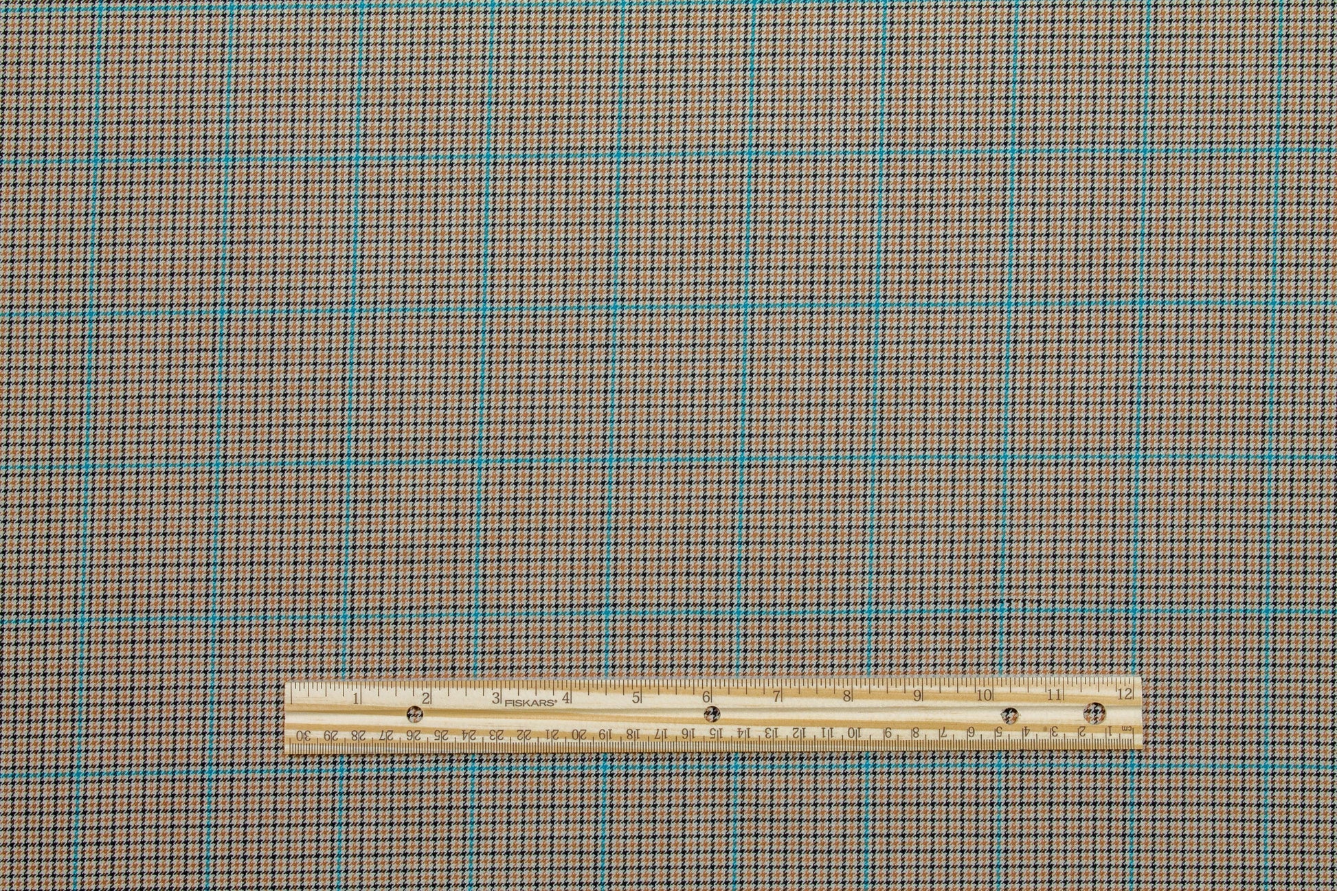 Tan and Teal Checked Italian Stretch Wool Suiting - Prime Fabrics