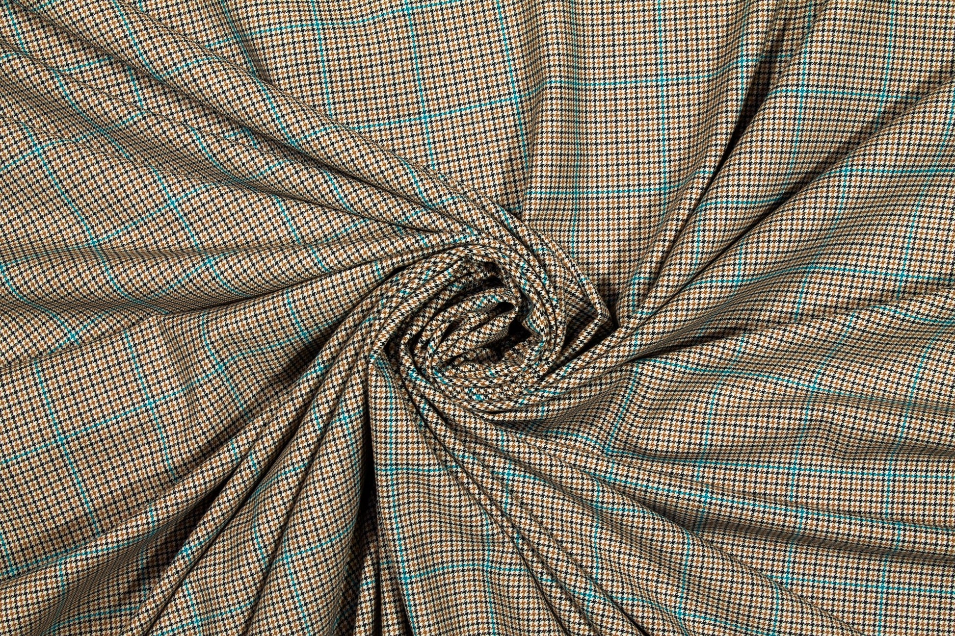 Tan and Teal Checked Italian Stretch Wool Suiting - Prime Fabrics