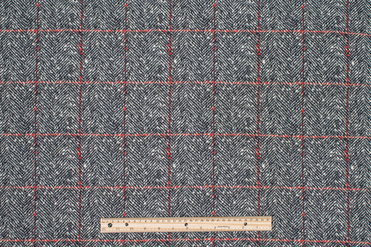 Gray Herringbone with Red Windowpane Italian Wool Coating - Prime Fabrics
