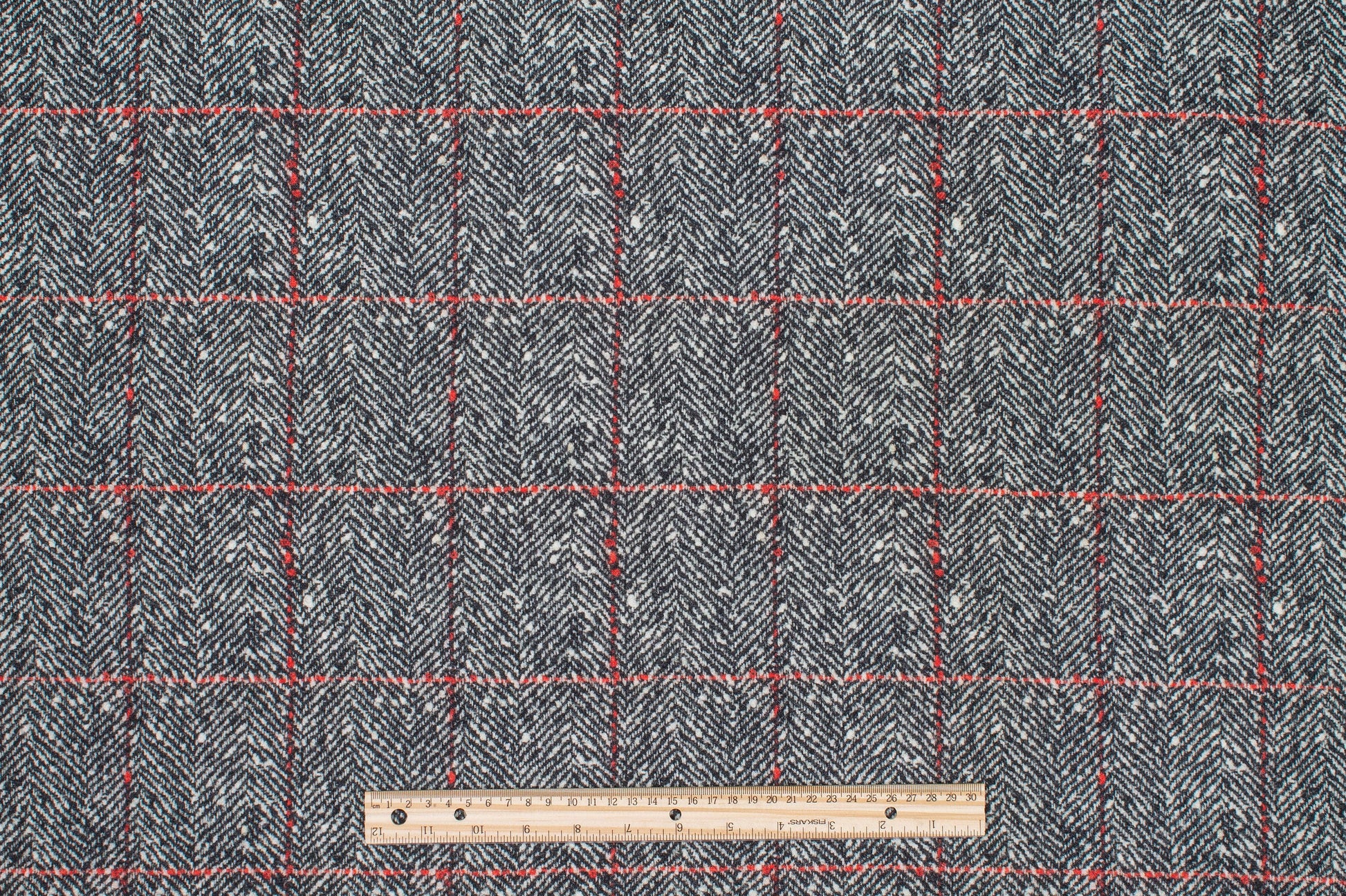 Gray Herringbone with Red Windowpane Italian Wool Coating - Prime Fabrics