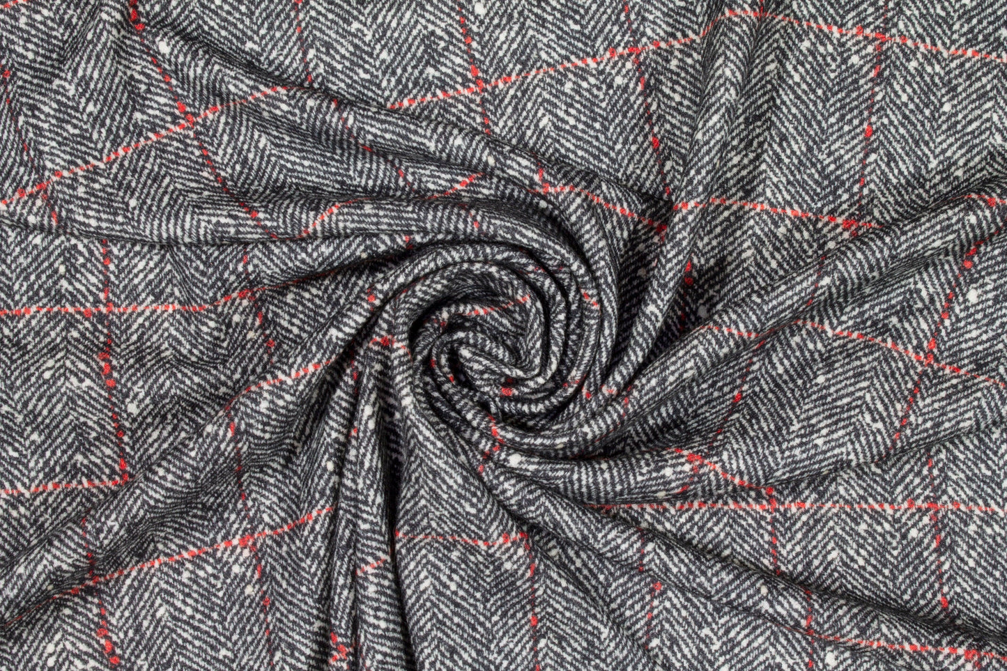 Gray Herringbone with Red Windowpane Italian Wool Coating - Prime Fabrics