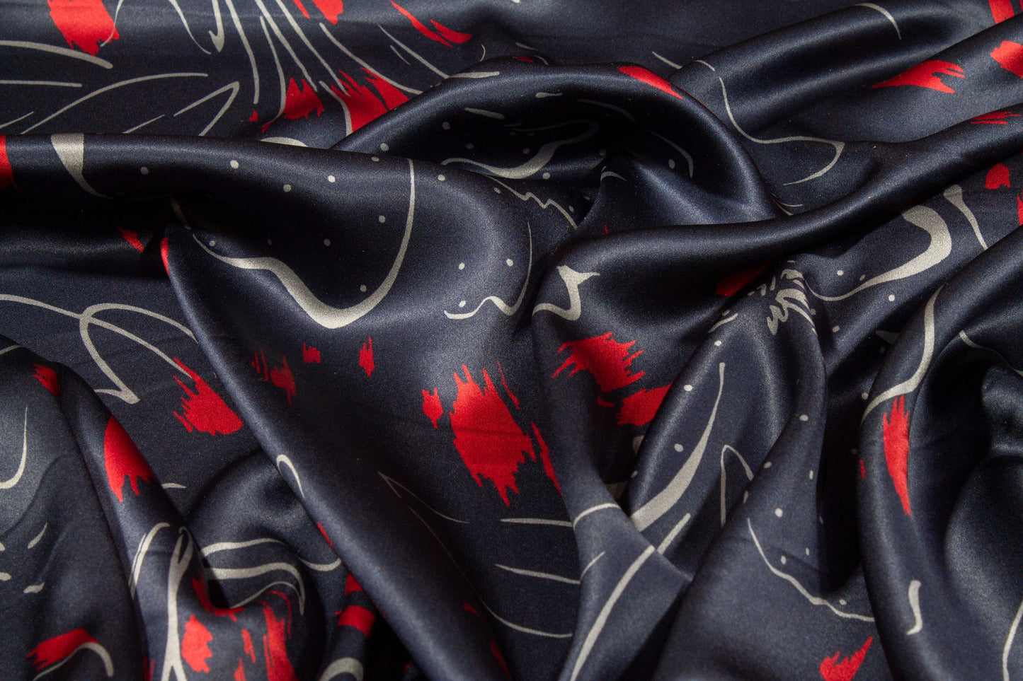 Abstract Navy Italian Silk Charmeuse - Prime Fabrics