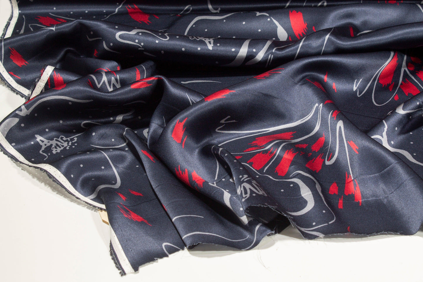 Abstract Navy Italian Silk Charmeuse - Prime Fabrics