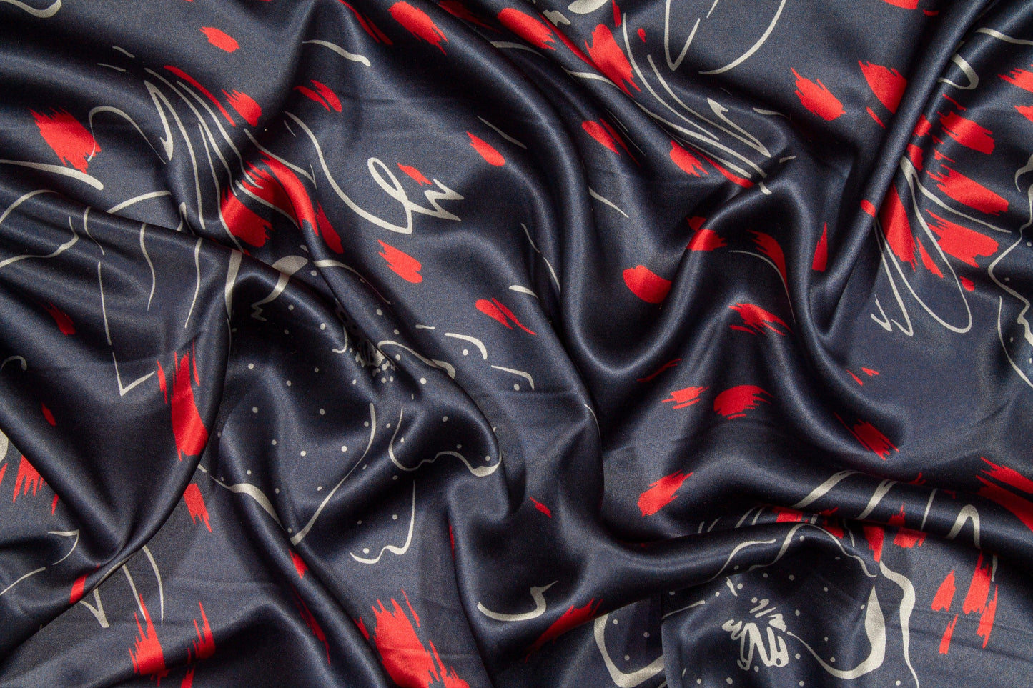 Abstract Navy Italian Silk Charmeuse - Prime Fabrics