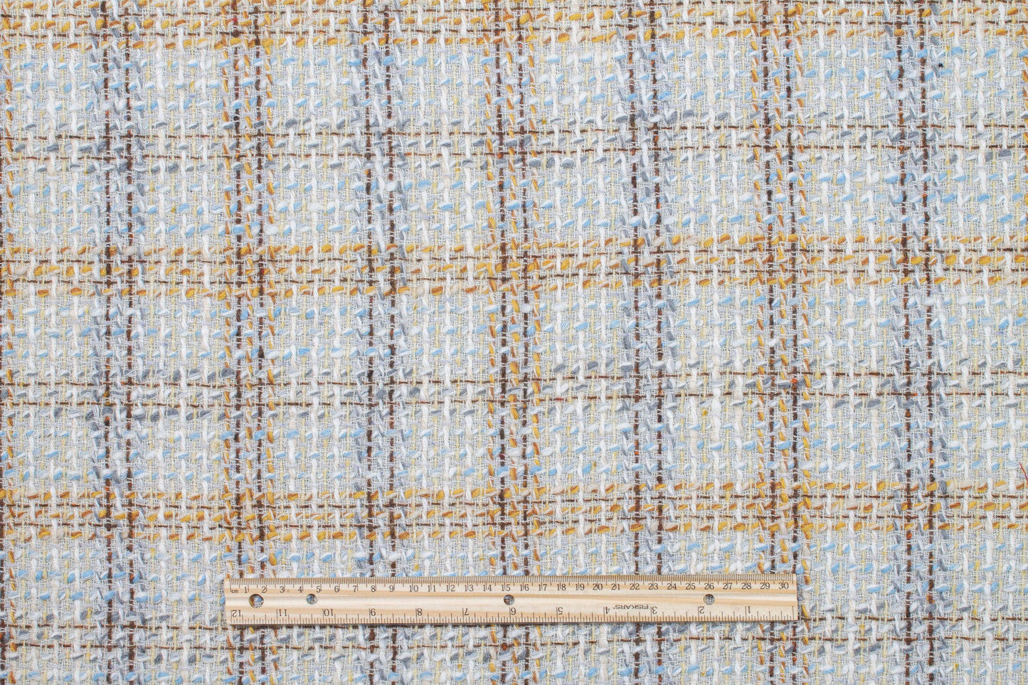Italian Checked Wool Tweed Boucle - Off White, Yellow, Blue - Prime Fabrics