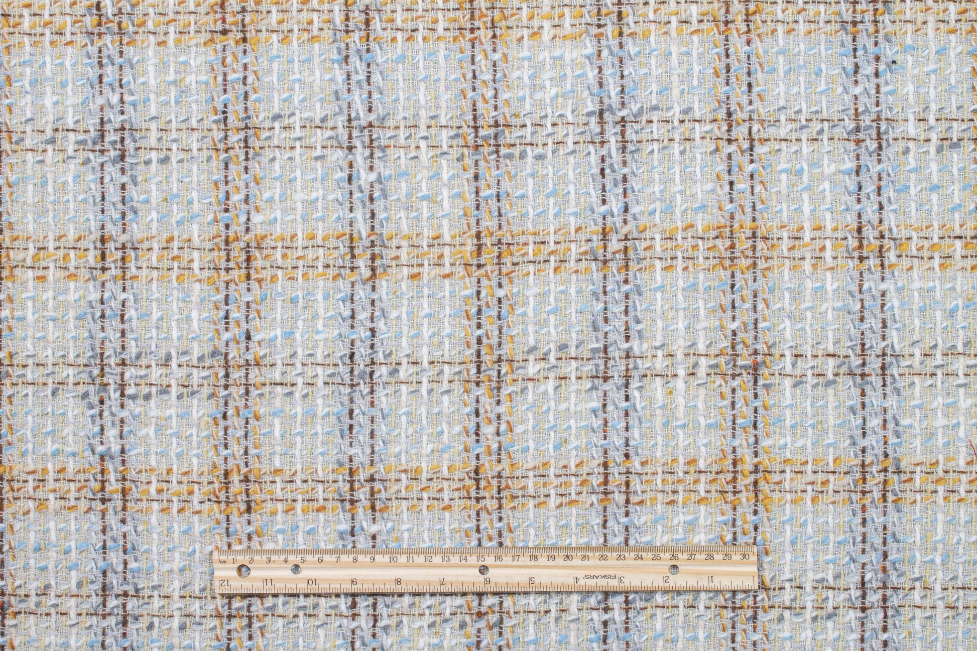 Italian Checked Wool Tweed Boucle - Off White, Yellow, Blue - Prime Fabrics