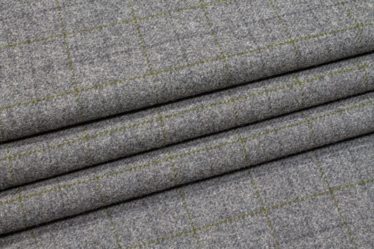 Windowpane Italian Wool - Gray and Olive Green - Prime Fabrics