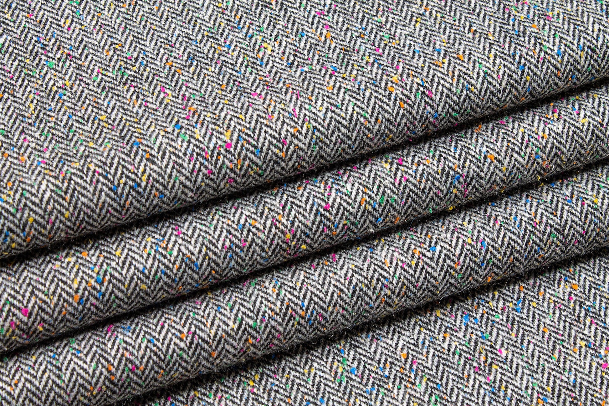 Gray Herringbone Italian Wool with Multicolor Splatter - Prime Fabrics