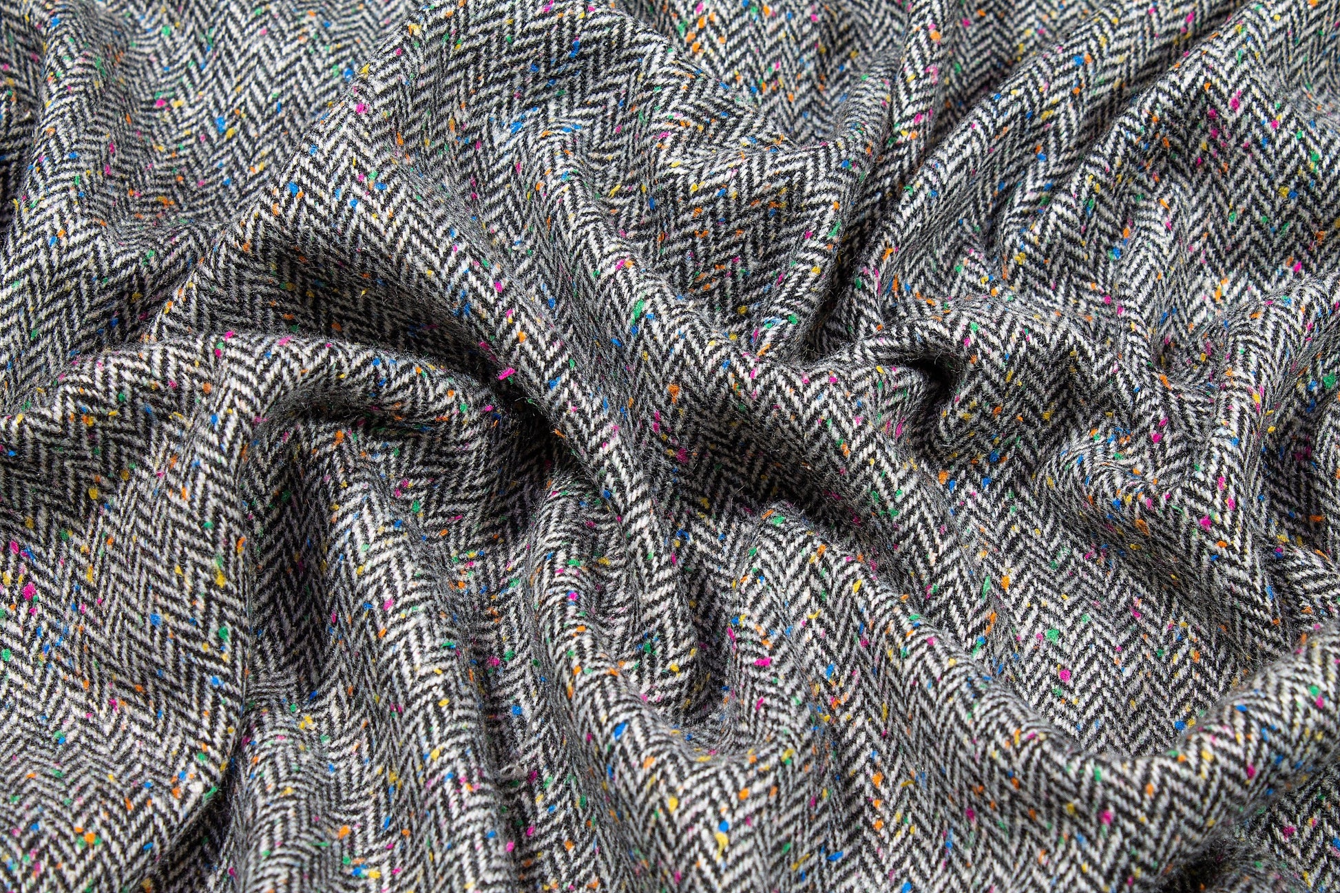 Gray Herringbone Italian Wool with Multicolor Splatter - Prime Fabrics