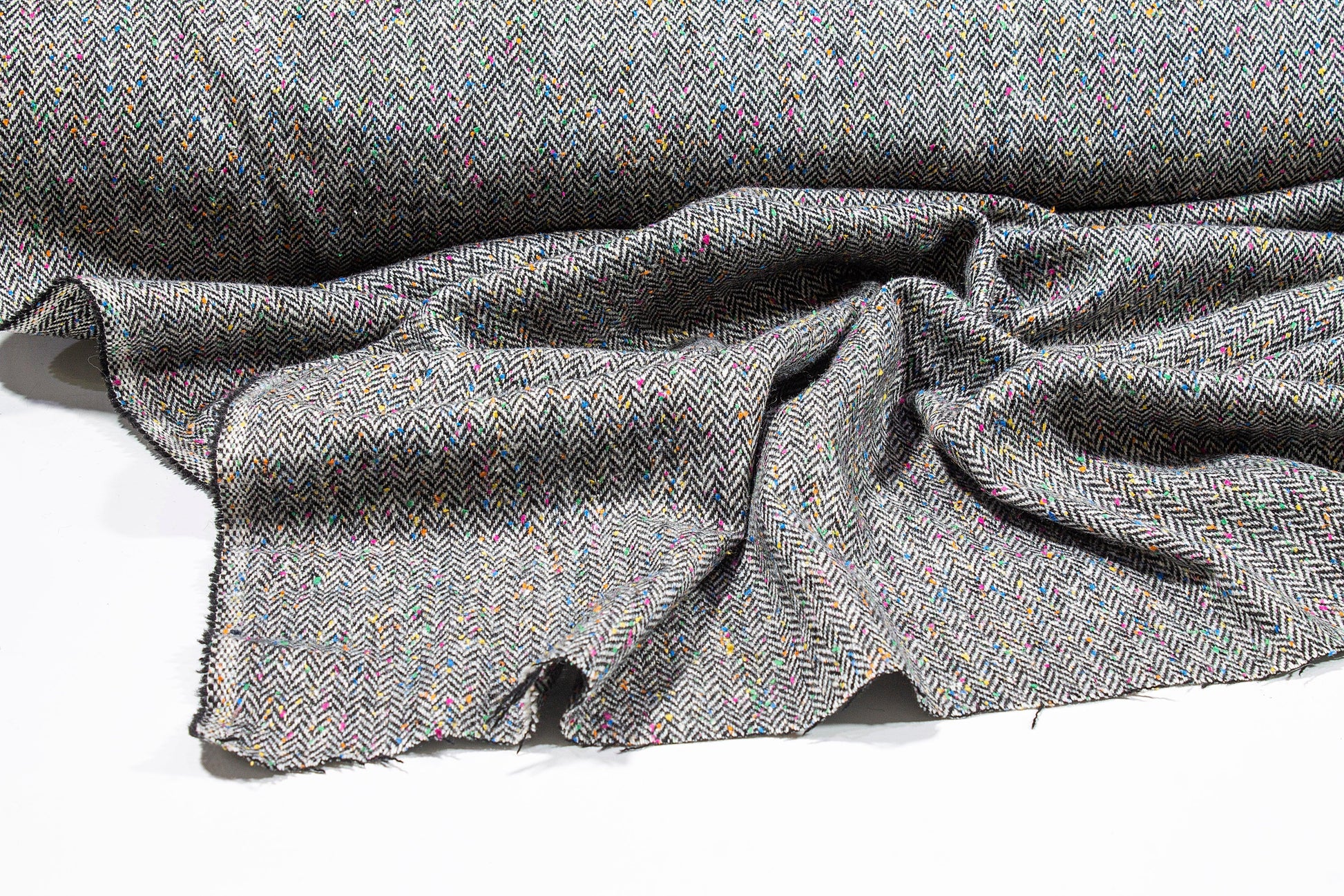 Gray Herringbone Italian Wool with Multicolor Splatter - Prime Fabrics