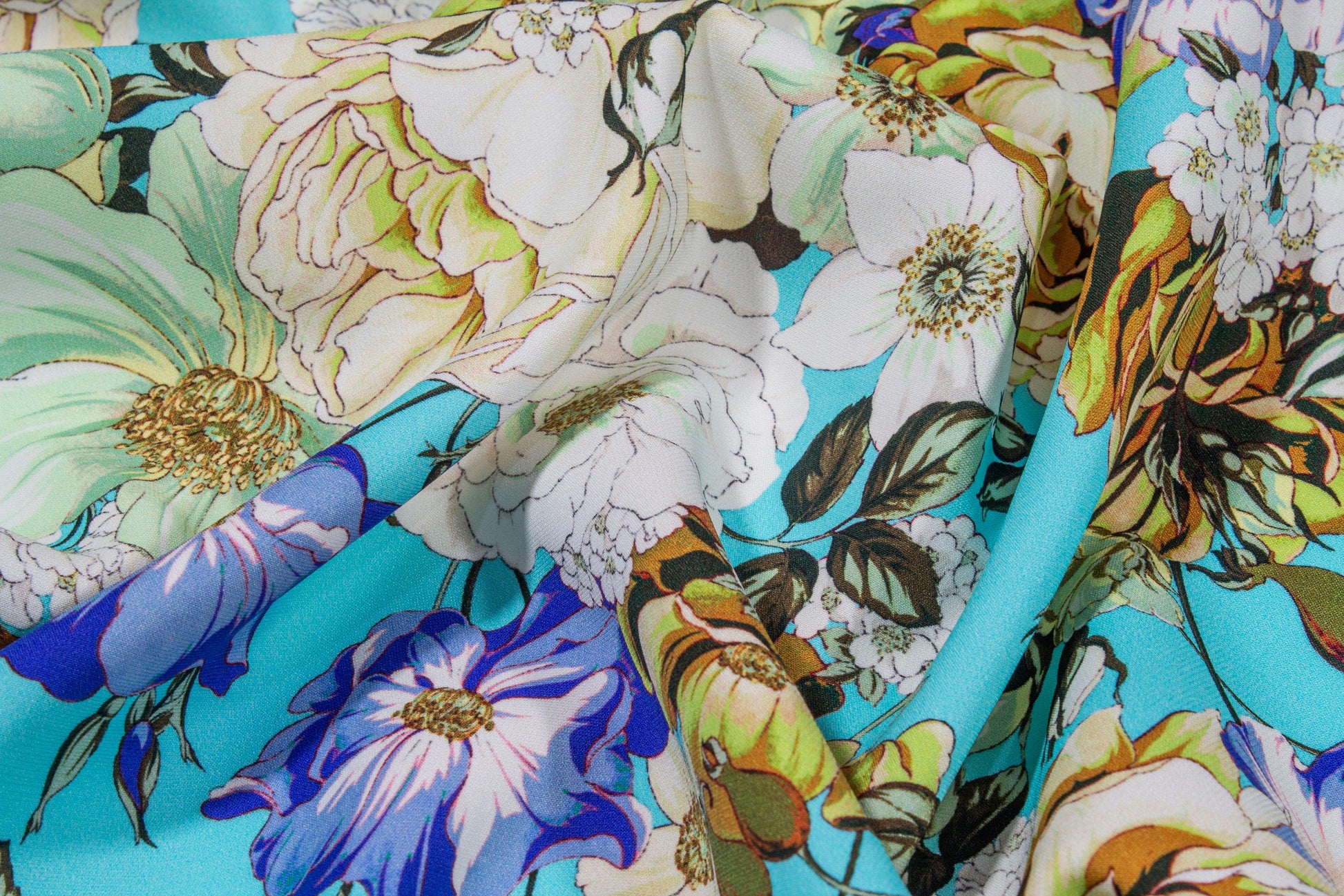 Emanuel Ungaro - Blue Floral Italian 4-Ply Silk Crepe - Prime Fabrics